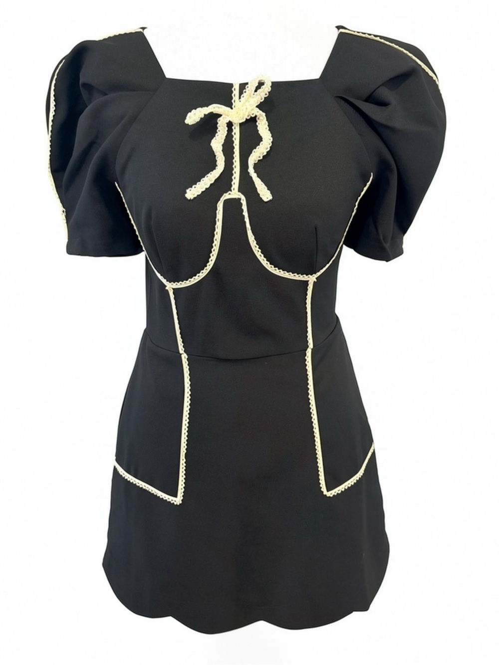 Black Contrast Trim Puff Sleeve Mini Dress Size S - Picture 2 of 7